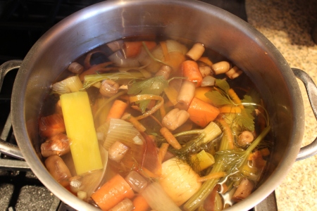A flavorful stock blends a lot of your go-to veggies including carrots, onions, celery and parsnips, among others.